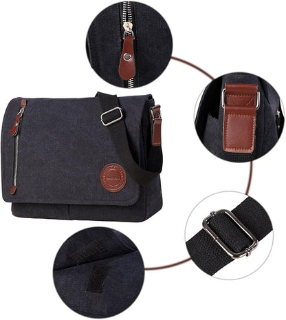 Mactso Vintage Canvas Messenger Bag for Men Women, 13.5 Inch Laptop Satchel Shoulder Bag with Multiple Pockets, Crossbody Bag for Work Travel College (Black)