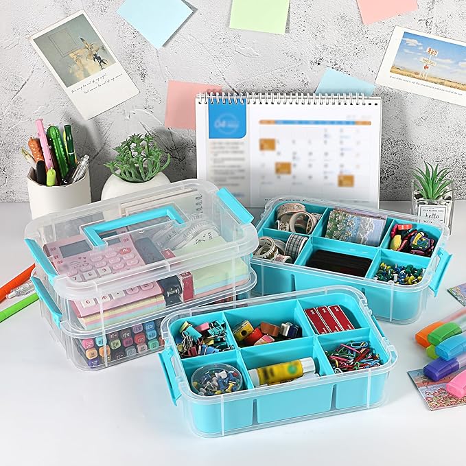 JUXYES 4-Tiers Stack Carry Storage Box With 2 Divided Tray, Transparent Stackable Storage Bin With Handle Lid Latching Storage Container for School & Office Supplies, Blue