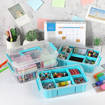JUXYES 4-Tiers Stack Carry Storage Box With 2 Divided Tray, Transparent Stackable Storage Bin With Handle Lid Latching Storage Container for School & Office Supplies, Blue