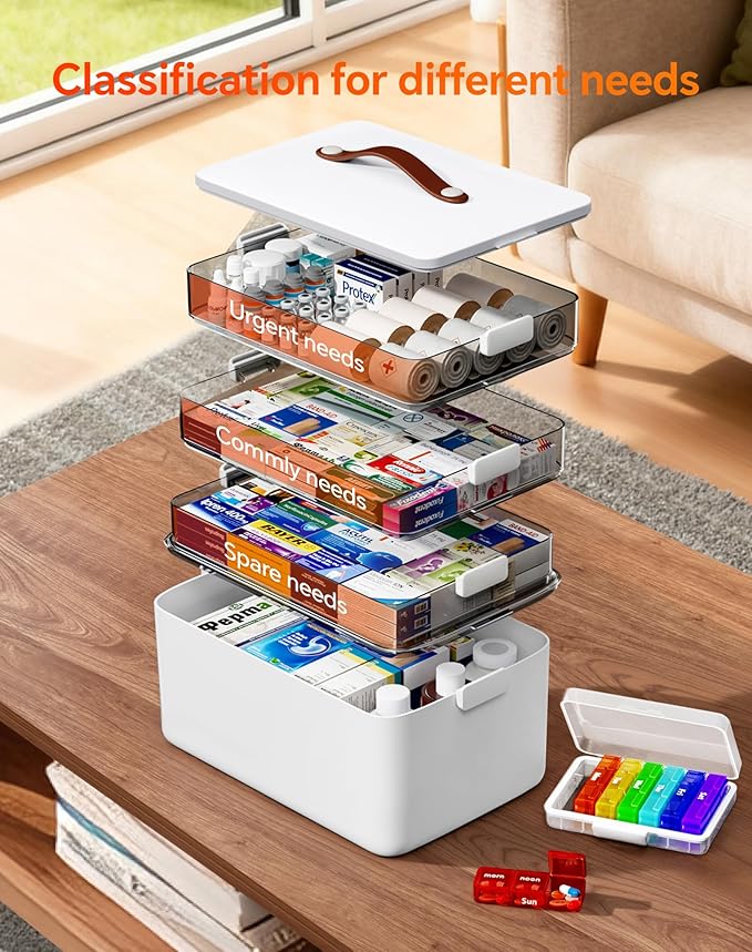 Large Medicine Cabinet Organizer with Tall Bottle Storage Bin & 7-Day Pill Box, 4-Tier Medicine Storage Organizer, Family First Aid Box Empty for Home(4C Medicine Box + Fabric Set)