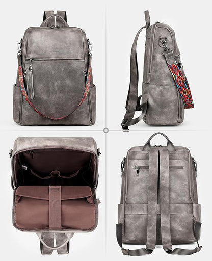 FADEON Leather Laptop Backpack for Women Designer 15.6 inch PU Laptop Bag, Ladies Travel Computer Work Backpack Grey