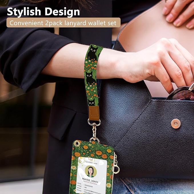 bolimoss Black Cat Lanyard Wallet with ID Badge Holder Cute Daisy Small Zipper Credit Card Holders with Breakaway Wristlet & Neck Lanyard, RFID Leather ID Name Badg for Teacher Nurse Women Work