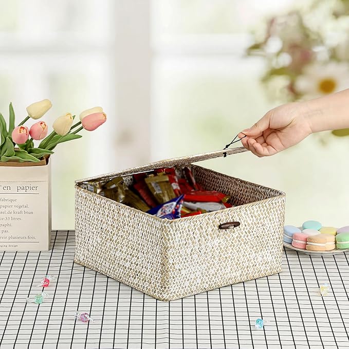 Hipiwe Wicker Shelf Basket Bin Square Handwoven Seagrass Storage Basket with Lid Home Organize Box for Bookshelf Living Room Bath Room Multipurpose Basket Container, Whitewash Large