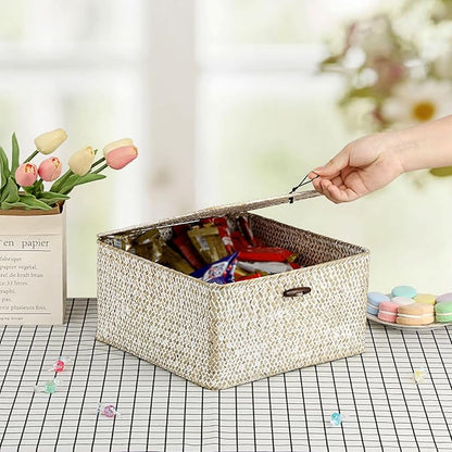 Hipiwe Wicker Shelf Basket Bin Square Handwoven Seagrass Storage Basket with Lid Home Organize Box for Bookshelf Living Room Bath Room Multipurpose Basket Container, Whitewash Large