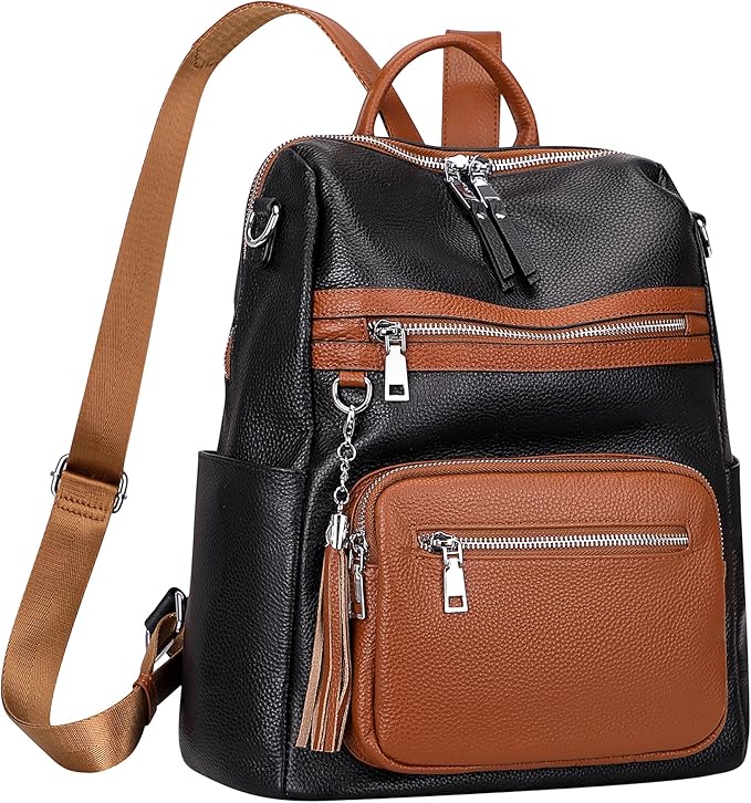 ALTOSY Genuine Leather Backpack Purse for Women Large Shoulder Bag With Laptop Compartment Multiple Pockets (S106 Black/Brown)