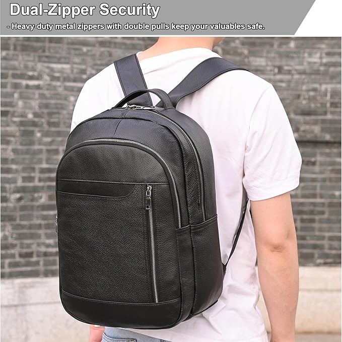 Large Capacity Black Leather Backpack for Men, 15.6 Inch Genuine Leather Laptop Backpack Business Travel Shoulder Daypacks