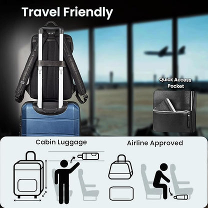LEATHER VILLAGE Leather Laptop Backpack for Men | Black | Slim Professional Business Bag Fits 15.6”-Laptop | Water-Repellent Work & Travel Daypack with Trolley Strap