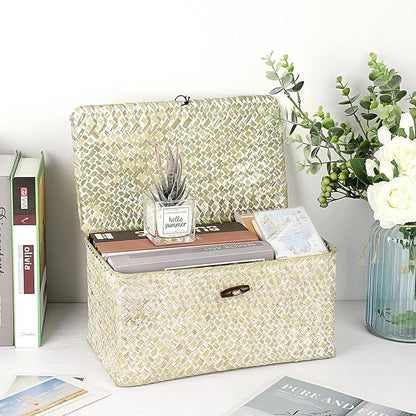 Hipiwe Wicker Shelf Baskets Bin with Lid, Large Natural Seagrass Basket Storage Bins Handwoven Rectangular Household Basket Boxes for Shelf Wardrobe Home Organizer and Decor, Whitewash
