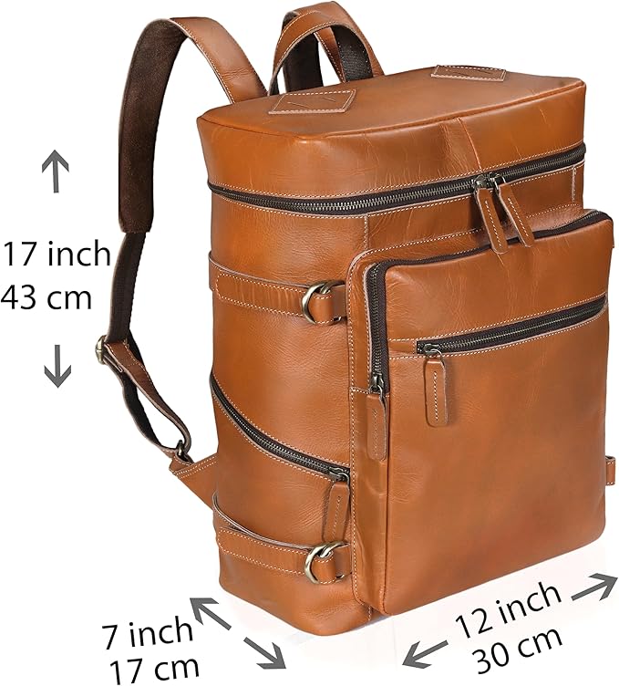 HLC Leather Tan Backpack For Men Genuine Laptop Rucksack For Men Women Genuine Leather Vintage Large Capacity Business Retro Travel Camping Daypack (17 Inch Tan)
