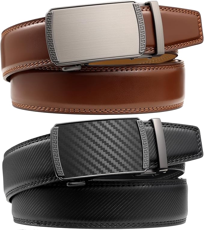 Founders & C Mens Belt 2 Pack,Leather Ratchet Click Belt Dress with Slide Buckle 1 3/8" in Gift Set Box- Size Adjustable