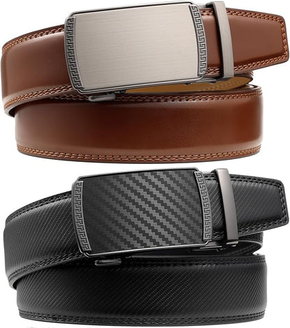 Founders & C Mens Belt 2 Pack,Leather Ratchet Click Belt Dress with Slide Buckle 1 3/8" in Gift Set Box- Size Adjustable