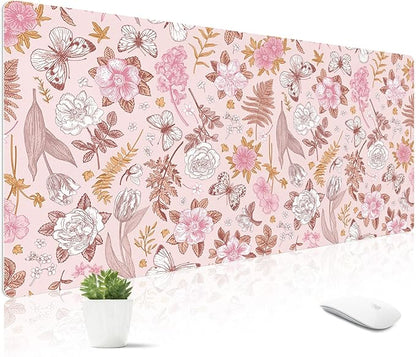 Mouse Pad Leather Desk Mat Large Keyboard Cute Office Desktop Computer Laptop XXL Long Big Aesthetic Modern Design Women Girls Gaming Gamer Oversized Wide Mousepad 31.5"x15.7", Pink Floral