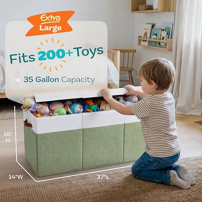 SoftOwl Extra Large Toy Storage Organizer with Lid - Sturdy, Collapsible Toy Chest Storage Box Design - Toys Bin with Dividers for Kids, Nursery, Bedroom, Playroom 37"x16"x14"