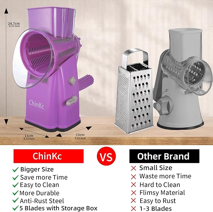 Upgrade Rotary Cheese Grater Shredder with Handle, Strong Suction Base, Multi-purpose Rotary Grater Slicer with 5 Interchangeable Blades for Ice, Vegetables, Fruit, Nuts with Blade Storage Box