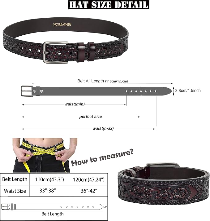 INOGIH Mens Western Floral Engraved Embossed Tooled Genuine Leather Belt - Square Buckle Casual Belt For Daily Decoration
