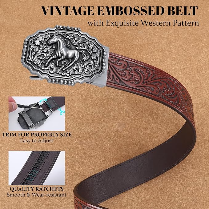 SANSTHS Western Cowboy Ratchet Belts for Men Women Leather Cowboy Belt with Automatic Western Buckle for Jeans Gifts