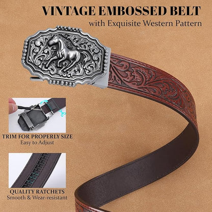 SANSTHS Western Cowboy Ratchet Belts for Men Women Leather Cowboy Belt with Automatic Western Buckle for Jeans Gifts