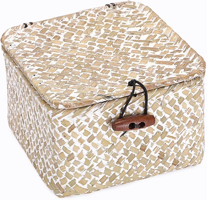 Hipiwe Handwoven Seagrass Basket Decorative Shelf Basket with Lid Mini Wicker Storage Box for Key Hair Ties, Whitewash 4.7" x 4.7" x 3"