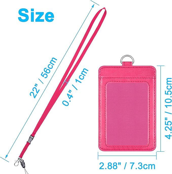 Badge Holder, Wisdompro 2-Sided PU Leather ID Badge Card Holder Wallet Case with 1 Clear ID Window and 1 Credit Card Slot and 22 Inch Quick Rlease Detachable Neck Lanyard Strap - Hot Pink (Vertical)