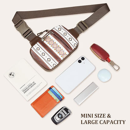 Mini Crossbody Sling Bag, PU Leather Chest Bag with Native American/Indigenous Patterns, Dual Pocket Water Resistant Fanny Pack, Running Phone Holder for Men Women Workout Travelling (Aztec Boho)
