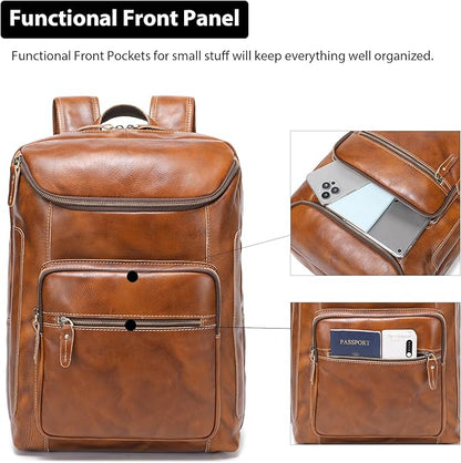LANNSYNE Vegetable Tanned Leather Backpack For Men, 17" Laptop Backpack, Casual Outdoor Business Travel Rucksack, YKK Zippers