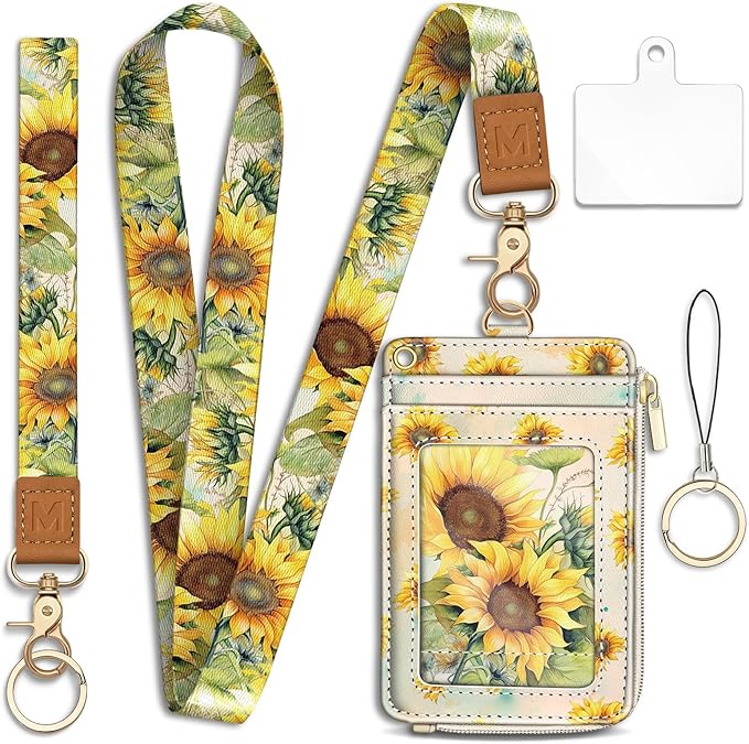 Lanyard Wallet with Id Badge Holder, Sunflower RFID Small Keychain Wallet Women Wristlet, Cute Zipper Credit Card Holder Phone Wrist Neck Strap for Key Name Tag, Teacher Student Office Gifts