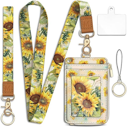 Lanyard Wallet with Id Badge Holder, Sunflower RFID Small Keychain Wallet Women Wristlet, Cute Zipper Credit Card Holder Phone Wrist Neck Strap for Key Name Tag, Teacher Student Office Gifts