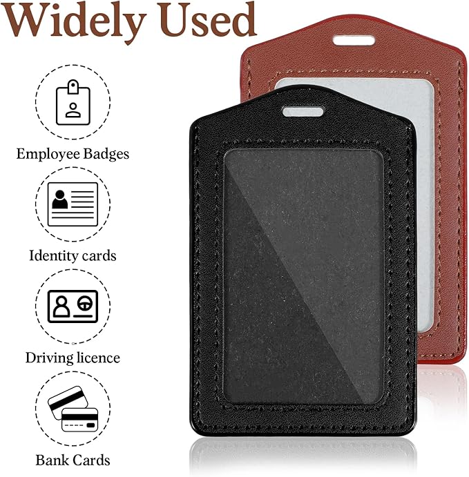 4 Pcs Leather ID Badge Holders, Waterproof Single-Side Clear Card Holders, Vertical Leather Name Badge Holder for Office Staff Students Employees (Black, Brown)