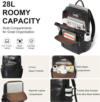 Shrrie Vegan Leather Laptop Backpack for Women,17 Inch Computer Backpack Purse for Work Business College Travel Teacher Nurse with Anti-theft Pocket & Giant Tumbler Holder Pocket,Black