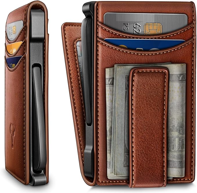 BULLIANT Men Wallet,Metal Case Money Clip with Grain Leather Flip 11 Cards-Pop-up Access Magetic Closure