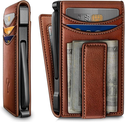 BULLIANT Men Wallet,Metal Case Money Clip with Grain Leather Flip 11 Cards-Pop-up Access Magetic Closure