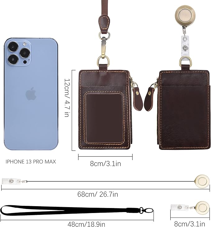 Wonderpool Leather ID Badge Holder with Zipper Wallet Pouch - Card Slots Case Detachable Neck Lanyard and Retractable Badge Reel for Office School Hospital Exhibition ID (Coffee)