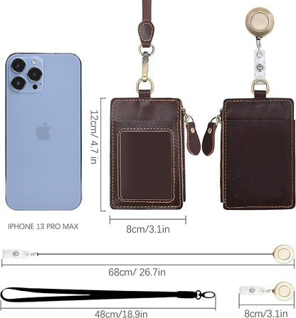 Wonderpool Leather ID Badge Holder with Zipper Wallet Pouch - Card Slots Case Detachable Neck Lanyard and Retractable Badge Reel for Office School Hospital Exhibition ID (Coffee)