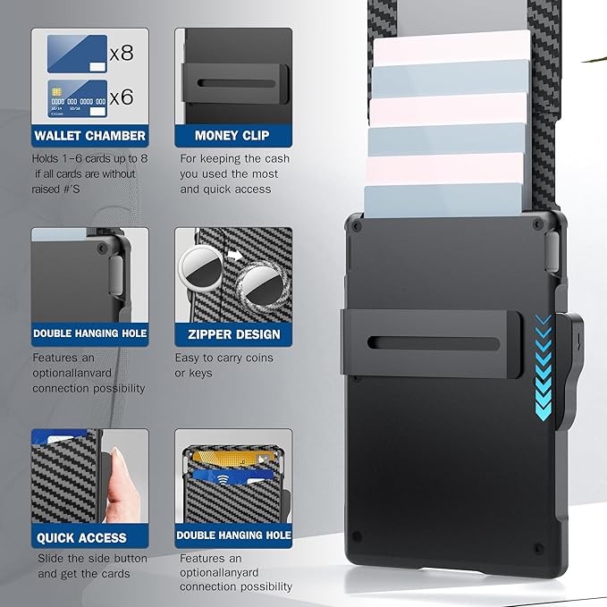 umoven AirTag Wallet for Men - with Pop Up Aluminum Case Money Clip Slim Leather Slots Credit Card Holder RFID Blocking Bifold Minimalist Wallet with Gift Box (Carbon Fiber)
