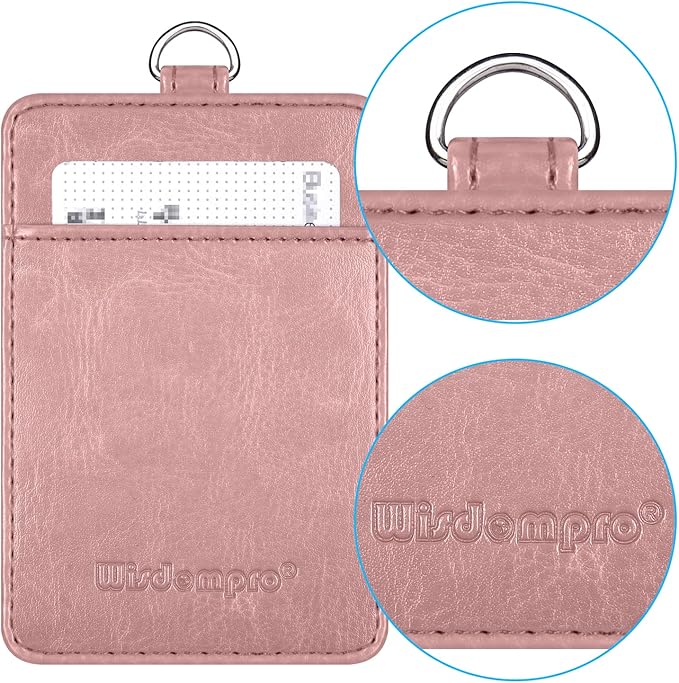 Badge Holder, Wisdompro 2-Sided PU Leather ID Badge Card Holder Wallet Case with 1 Clear ID Window and 1 Credit Card Slot and 22 Inch Quick Rlease Detachable Neck Lanyard Strap-Rose Gold (Vertical)