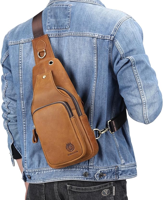 Mens Sling Bag Genuine Leather Crossbody Bags for Men Small Sling Chest Backpack Casual Man Bag Hiking Outdoor, Brown