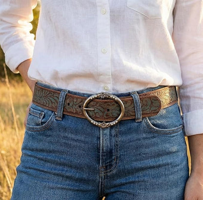 BC Belts Distressed and Embossed Brown Teal Leather Belt with Rhinestone Ring Buckle - Vintage Western Style for Women