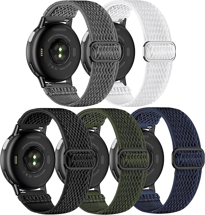 5 Pack Stretchy Nylon Watch Bands Compatible with Garmin Vivoactive 5/6/Forerunner 55/165,20mm Soft Elastic Fabric Adjustable Replacement Sport Straps for Garmin Venu Sq 2 Women Men