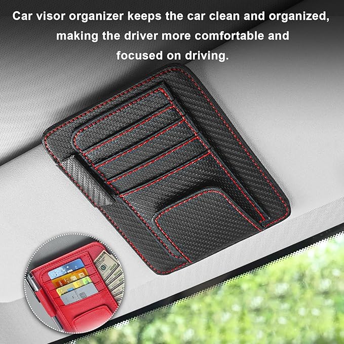 Dickno Small Leather Car Sun Visor Organizer, Multifunctional Auto Visor Document Holder with Sunglasses Clip, Universal Car Interior Organizer for Driving License, Card, Pen (Black&Red)