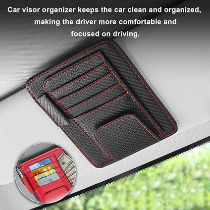 Dickno Small Leather Car Sun Visor Organizer, Multifunctional Auto Visor Document Holder with Sunglasses Clip, Universal Car Interior Organizer for Driving License, Card, Pen (Black&Red)