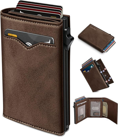 miyozi Wallet for Men,with Cash Pocket 2 ID Window 9-13 Cards,Metal Case Smart Slim Pop Up Credit Card Holder Flip with Magnetic Closure RFID Blocking Trifold wallet with Gift Box