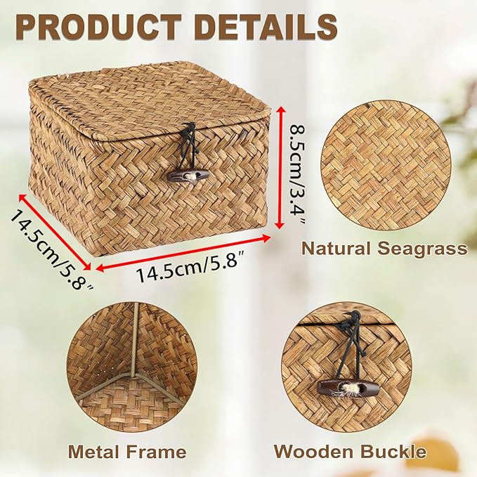 Hipiwe Wicker Shelf Baskets Bins with Lid Handwoven Seagrass Storage Basket Multipurpose Household Organizer for Shelves Home Decor, Caramel Color, X-small