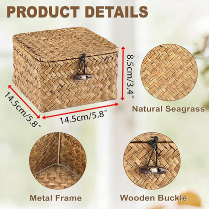 Hipiwe Wicker Shelf Baskets Bins with Lid Handwoven Seagrass Storage Basket Multipurpose Household Organizer for Shelves Home Decor, Caramel Color, X-small