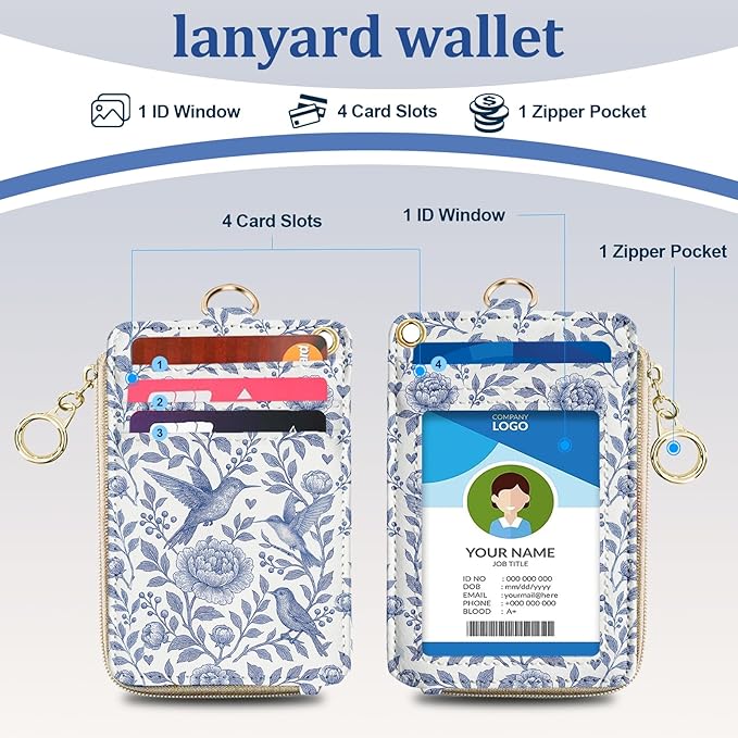 Lanyard Wallet, PU Leather Lanyards for ID Badges, RFID Blocking, ID Badge Holder with Zipper Pocket Detachable Phone Lanyard Keychain Wristlet for Office School Business-Bird
