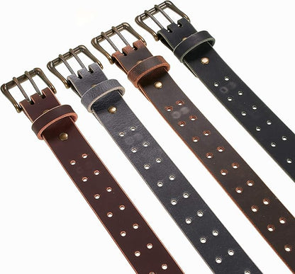 Men’s Classic Leather Belt, Double Prong Retro Style, Antique Brass Buckle, 1 ½” Width, Amish handmade in the USA