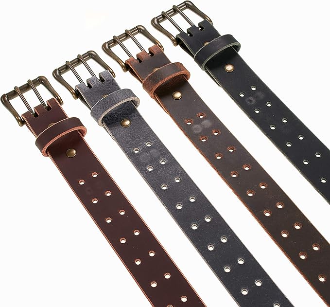 Men’s Classic Leather Belt, Double Prong Retro Style, Antique Brass Buckle, 1 ½” Width, Amish handmade in the USA