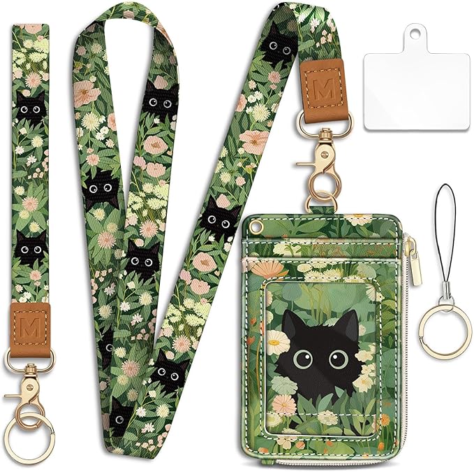 Lanyard Wallet with Id Badge Holder, Floral Cat RFID Small Keychain Wallet Women Wristlet, Cute Zipper Credit Card Holder Phone Wrist Neck Strap for Key Name Tag, Teacher Student Office Gifts