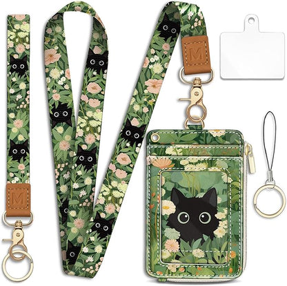 Lanyard Wallet with Id Badge Holder, Floral Cat RFID Small Keychain Wallet Women Wristlet, Cute Zipper Credit Card Holder Phone Wrist Neck Strap for Key Name Tag, Teacher Student Office Gifts