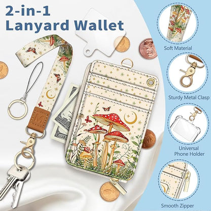 Lanyard Wallet with Id Badge Holder, Mushroom RFID Small Keychain Wallet Women Wristlet, Cute Zipper Credit Card Holder Phone Wrist Neck Strap for Key Name Tag, Teacher Student Office Gifts