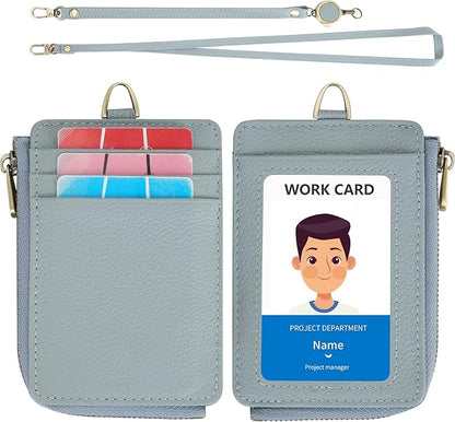 Wason Badge Holder Card Wallet Real Leather with Zipper, Detachable Neck Lanyard, Hand Strap, Retractable Badge Reel, Multi Purpose Case for ID Permit Badge Coin Key Driver's License (Light Blue)